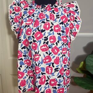 THML women’s Floral Ruffle Sleeve Blouse - Pink and Blue